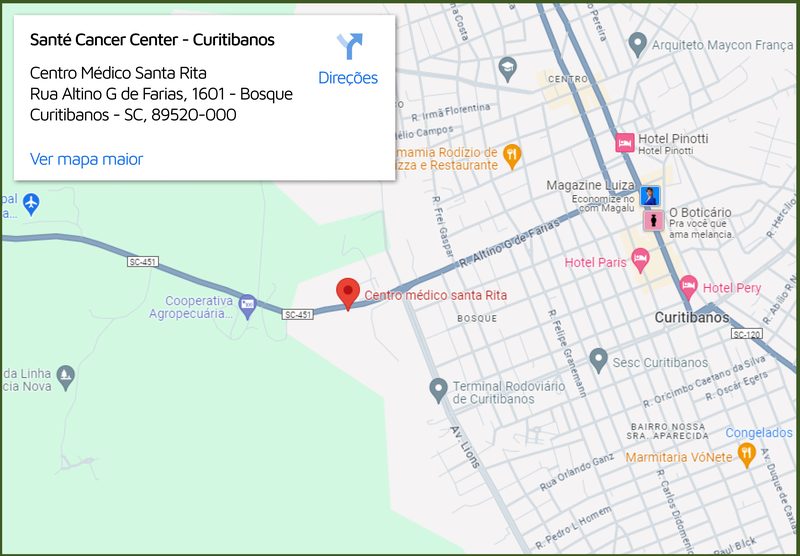 Mapa da unidade Santé Curitibanos: Rua Altino G. de Farias, 1601, Centro Médico Santa Rita, Curitibanos (SC)